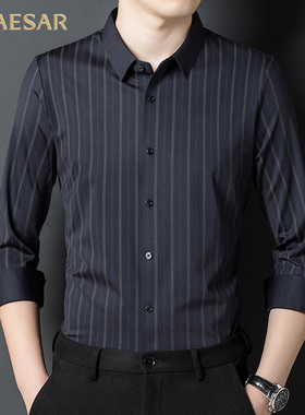 凯撒大帝2025春秋新款竖条纹宽松时尚休闲亲肤柔软透气长袖衬衫J