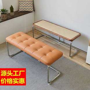 凳民宿家用玄关凳不锈钢卧室床尾凳 北欧实木藤编长凳复古中古换鞋
