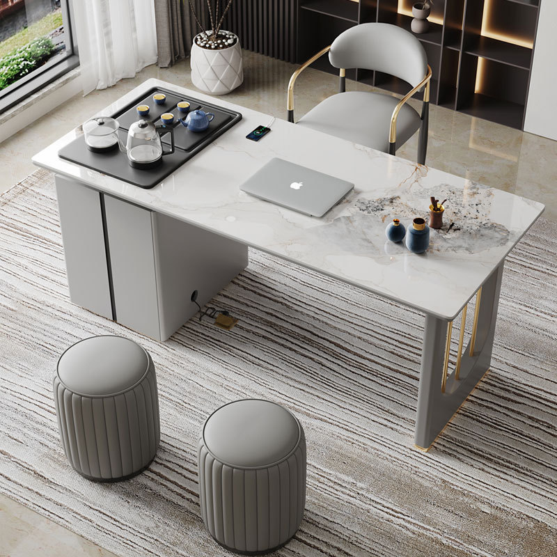 岩板茶桌书桌办公一体桌 轻奢简单简约高级感家用客厅茶桌椅组合