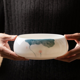 德化羊脂玉手绘中号茶洗陶瓷纯白水盂泡茶工具茶盘配件水盂茶杯碗