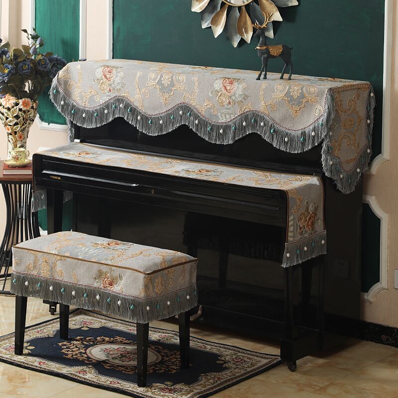 欧式钢琴罩半罩三件套轻奢美式简约高级雪尼尔浮雕钢琴盖布防尘套