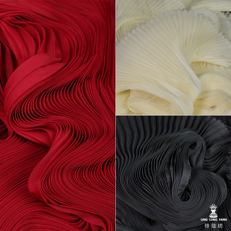 小风琴薄纱布料 褶皱雪纺百褶吊带连衣裙半裙飘逸服装设计师面料