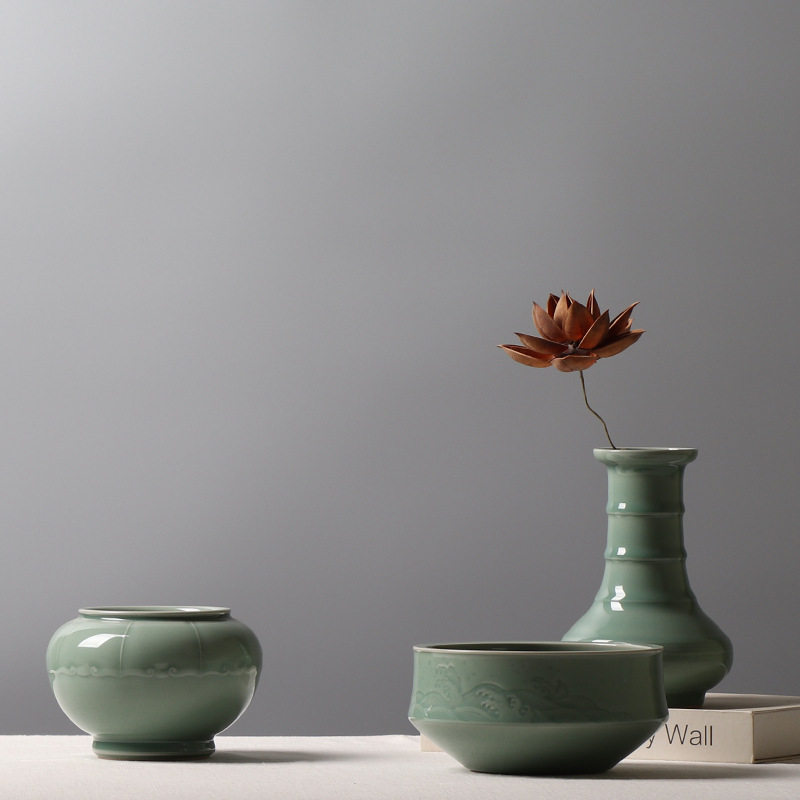 中式手工青瓷花瓶酒店茶楼书房创意插花装饰品水洗笔洗文房盘摆件,模玩/动漫/周边/娃圈三坑/桌游,文化/体育周边,淘宝优惠券,粉丝福利购,淘宝优惠卷