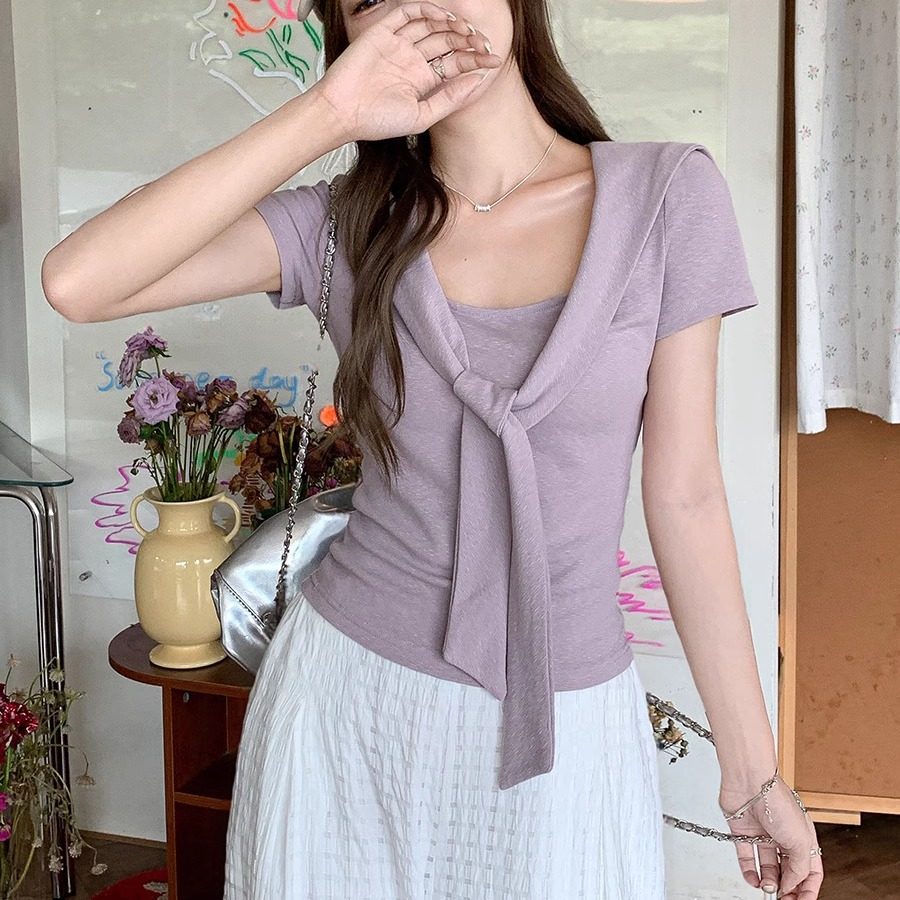七禾页 披肩短袖假两件设计感T恤法式温柔女人味修身收腰短袖上衣