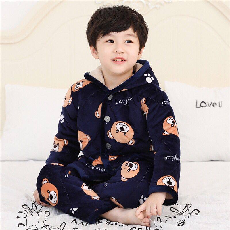 儿童夹棉睡衣冬季法兰绒男童保暖三层加绒加厚款珊瑚绒.家居服套