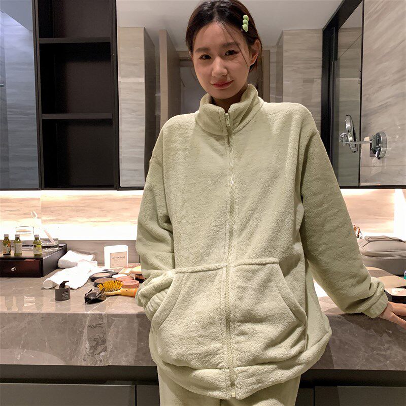 日系风睡衣女秋冬可外穿韩版加厚B珊瑚绒甜美休闲加绒法兰绒居家