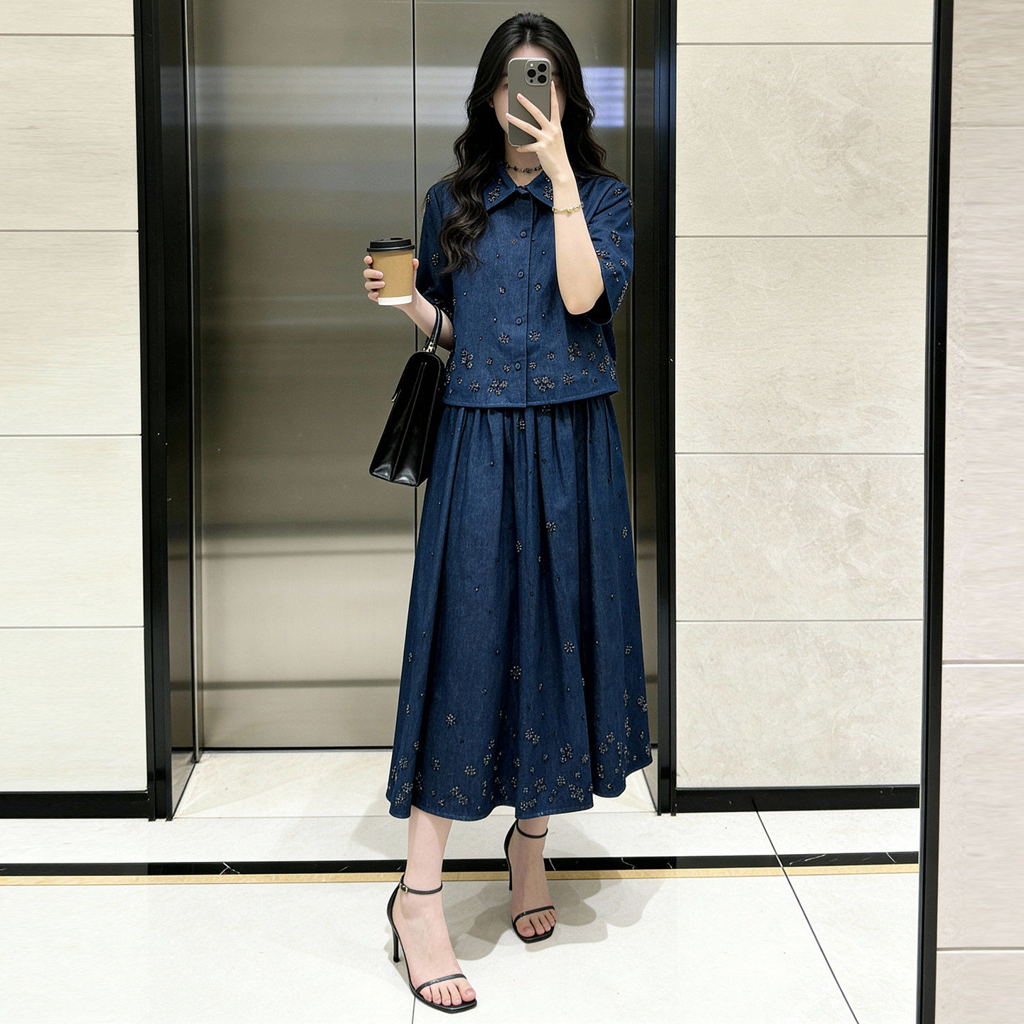 ROUUE STAR春季衬衫上衣牛仔钉套装26钻女装M高端家半身裙翻领长