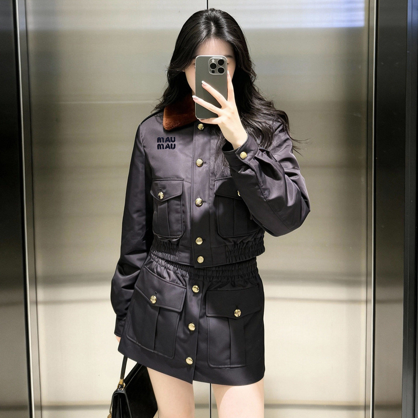 ROUUE STAR套装开衫女装冬季腰外套高端半身裙毛领夹克松紧25短款