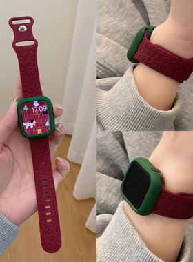圣诞适用苹果applewatch手表表带S11硅胶10花纹9可爱8女生款高级iwatch2质感秋冬SE3腕带专用替换红色创意564
