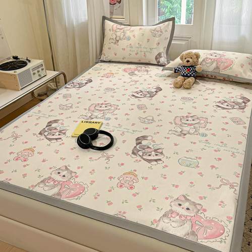 晚安猫小清新碳光冰丝凉席卡通萌宠系列三件套床笠冰丝席空调凉席