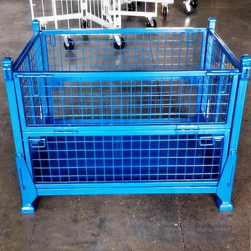 网格物流箱侧面围网格底部铺铁板可堆垛折叠式金属料箱