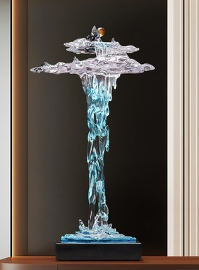 高山流水生财假山摆件高端落地大件办公室书房电视柜壁龛软装饰品