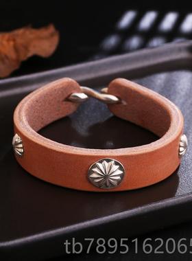 高档风花版手工真皮枥木鞍革925银菊钉复古高桥吾郎格皮宽手环手