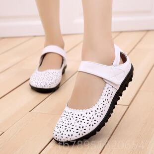 中老年女鞋 高档包头妈平跟妈凉鞋 夏季 1真皮软底镂洞洞单鞋 332 小码