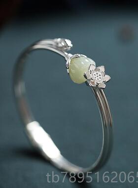 高档沉香如屑步离不离925银镯镶和田石翡翠复古中镯式汉服旗袍手