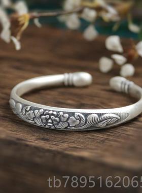 高档牡丹纯银手镯女999足银镯心子实开口族复古哑光民风送花妈妈