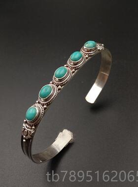 高档度泊尔手925尼银饰品工镶嵌绿松石手镯女手环 开口复古民印族