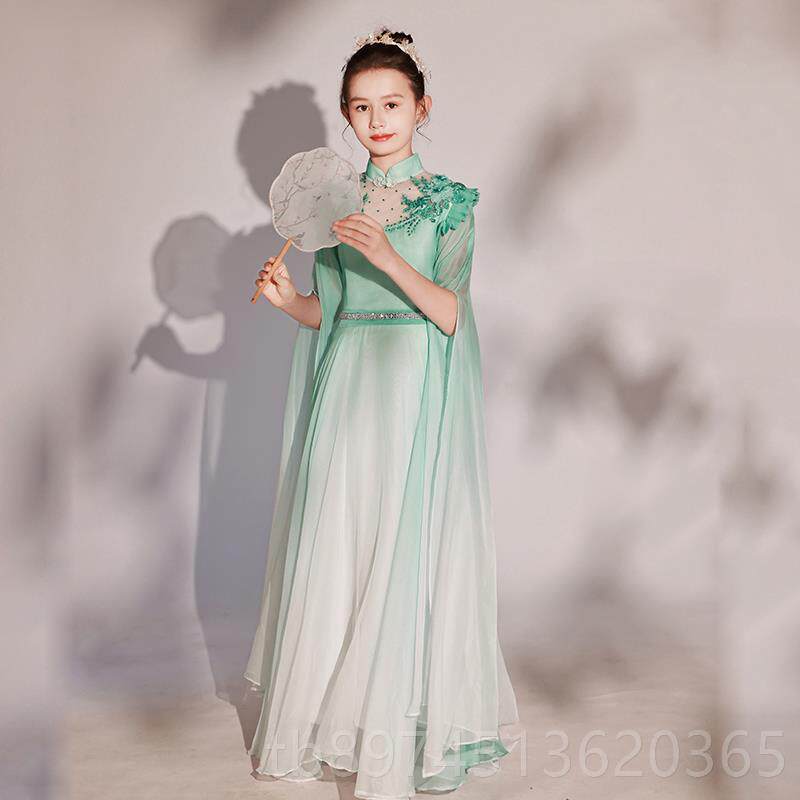 正品式2025奏新款儿童礼服白色花民童中旗袍女童弹古筝演出服乐演