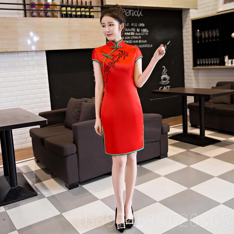 正品礼仪服装女迎宾旗袍小姐国服红色中外嫁女演回娘家长袖国红风图片