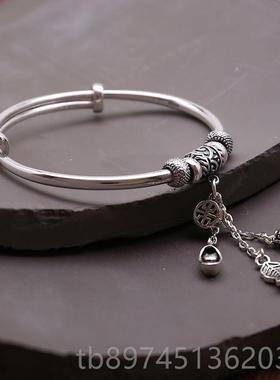 正品9貔999足银手镯纯银流古苏款貅福袋叶复子吊坠推拉银镯子女送