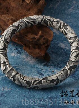 正品浮雕银手环银镯花开富牡贵丹镯花银子复古民族银饰风盛放牡丹