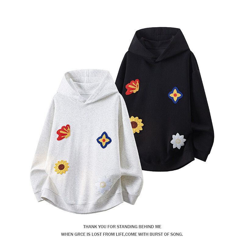 2026小众设计感花卉刺绣350g重磅华棉连帽卫衣男W24582-特P45控98