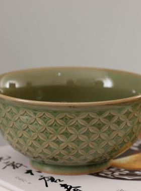 耀州窑新美学橄榄青釉印花半手工粗陶青瓷陶瓷餐具钱多多纹中号碗