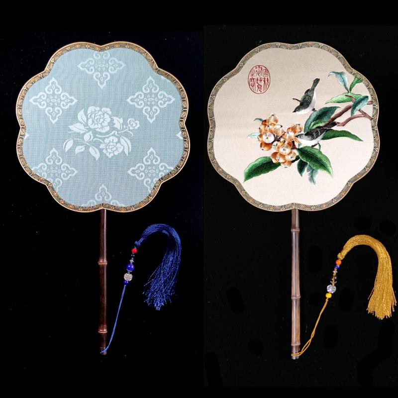苏绣团扇双面异色刺绣罗扇真丝手工古典明清唐宋制八瓣海棠紫竹扇