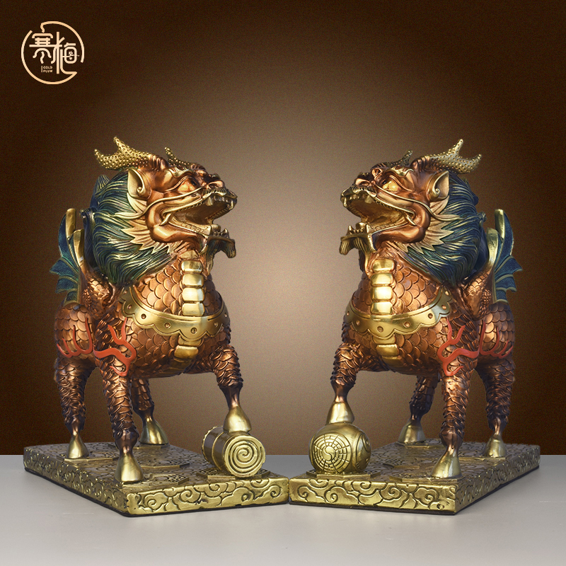 纯黄铜麒麟摆件公母一对八卦麒麟