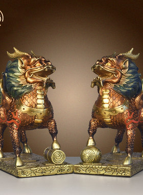 纯黄铜麒麟摆件公母一对八卦麒麟