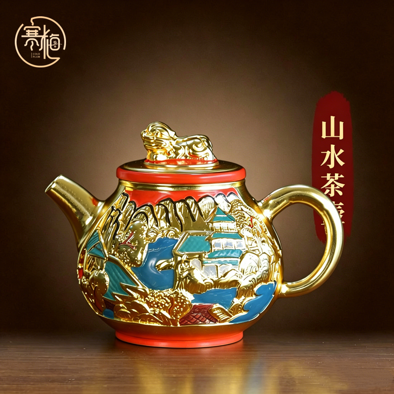 纯黄铜山水茶壶长寿龙头铜壶水壶