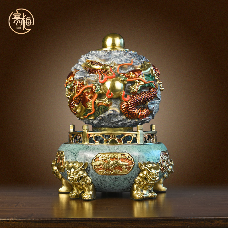 纯黄铜九转乾坤炉龙纹鼎摆件