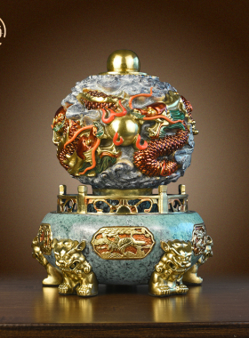 纯黄铜九转乾坤炉龙纹鼎摆件