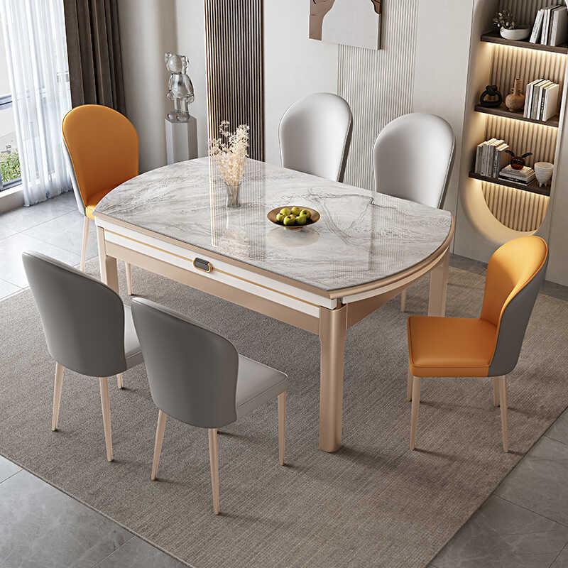 实木岩板餐桌椅组合现代简约方圆两用轻奢家用伸缩小户型电磁炉桌