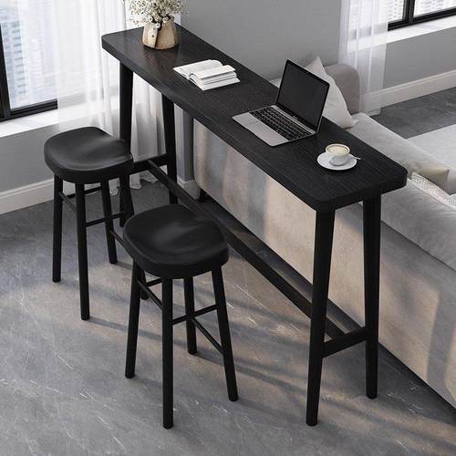 实木黑色吧台桌子家用小户型靠墙高脚长条桌客厅厨房背靠吧椅组合