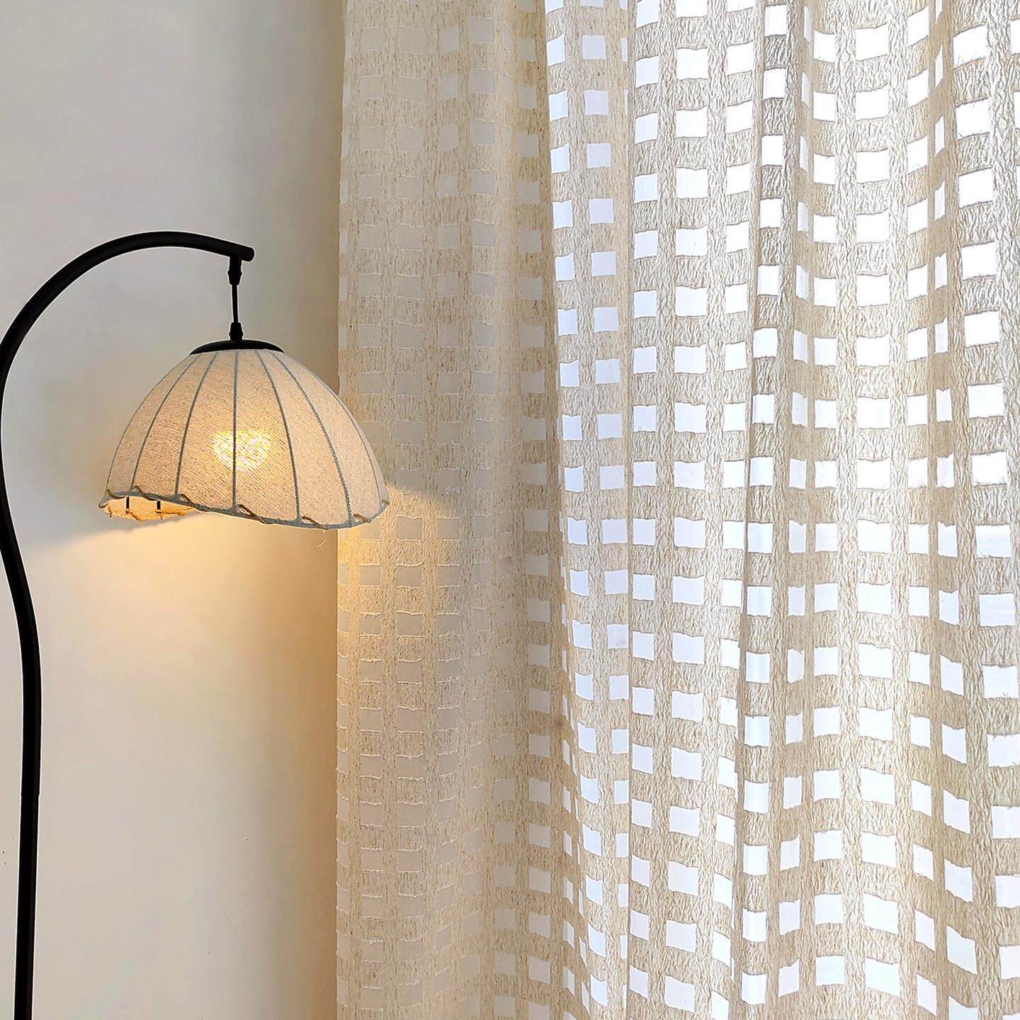 原木风格子纱帘客厅落地窗书房阳台卧室飘窗纱中古侘寂风窗帘定制