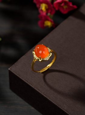 云上叙S925天然南红蛋面戒指冰红活口可调节银戒V35835-E（商城）