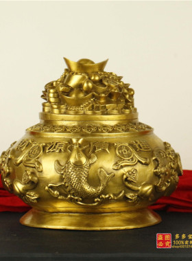 铜带盖聚宝盆摆件五路财神聚宝盆大号家居客厅办公室店铺装饰品