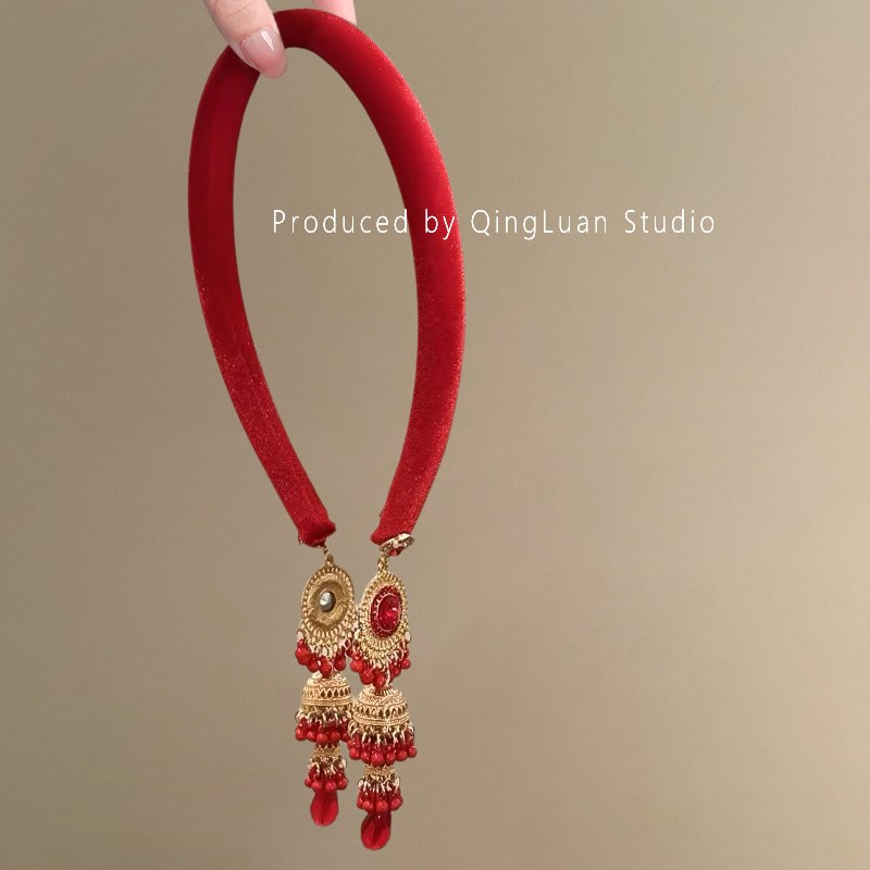 绿茵森林~中式流苏发箍贵气感碎钻压发头箍渐变绿丝绒发捆盘发器