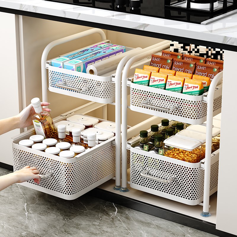 橱柜内可抽拉式收纳筐厨房下水槽置物架碗碟调料品拉篮分层收纳架