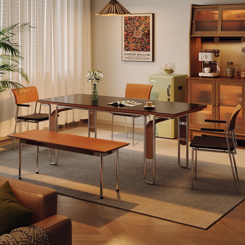 木小咖法式复古实木岩板餐桌小户型家用现代简约轻奢黑色岩板餐桌