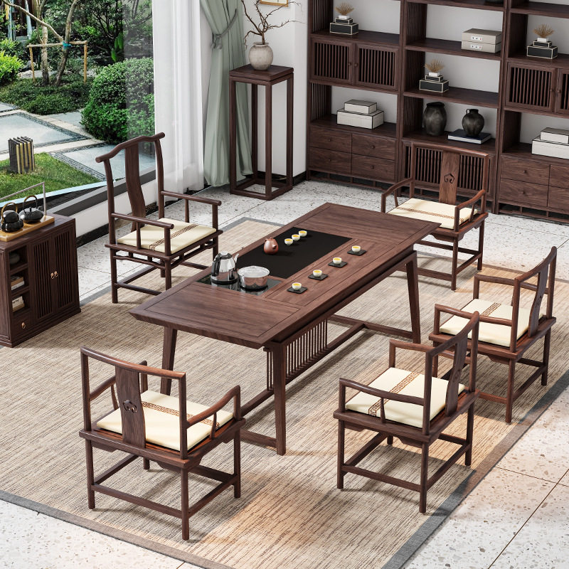 新中式茶桌椅组合实木茶台黑胡桃茶具套装一体家用茶室禅意喝茶桌