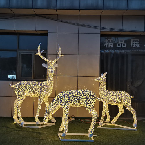 不锈钢鹿雕塑户外售楼部景观小品动物金属发光镂空梅花鹿模型摆件