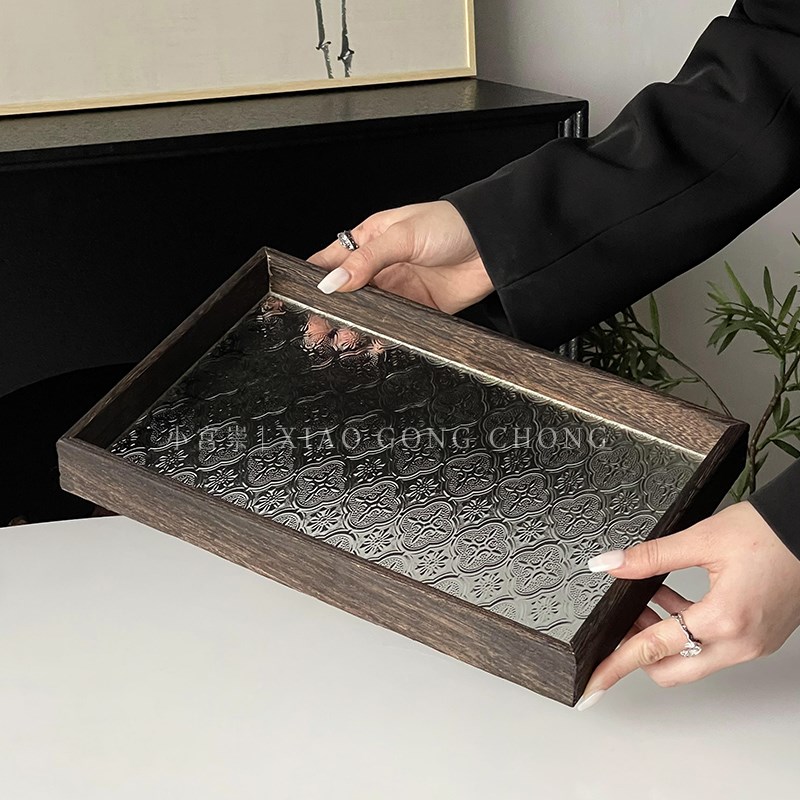中式海棠花玻璃托盘复古长方形木质盘子家用水果点心盘茶盘收纳盘