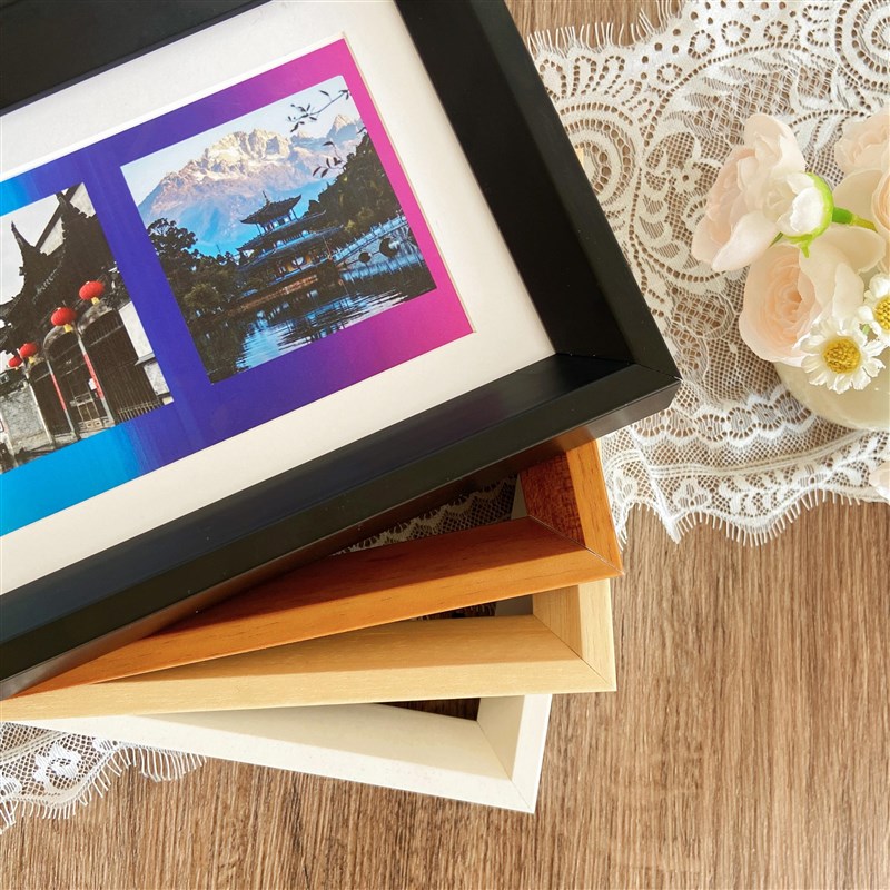 拍立得相框宽幅5寸SQ方4寸mini3寸彩虹相纸装裱框实木展示框摆挂