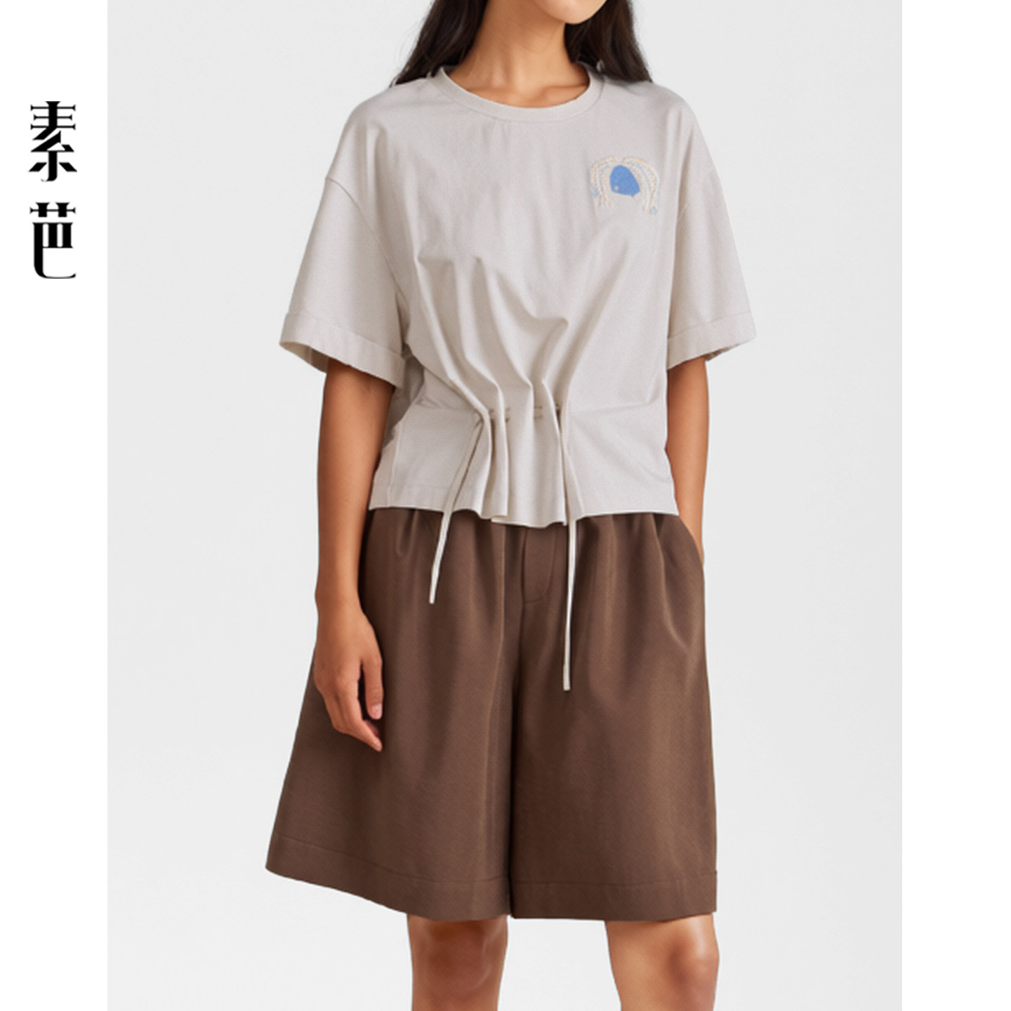 素芭时尚抽褶短袖上衣女士夏季艺术感印花立体褶皱圆领小衫SS1011