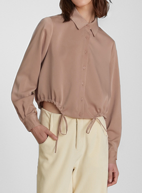 素芭时尚系带短款衬衫女秋冬弧形抽绳下摆设计休闲百搭上衣SS0855