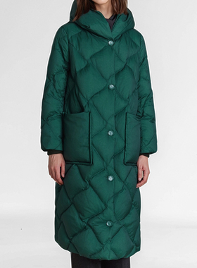 素芭菱形格绗长款羽绒服女冬季复古时尚立领连帽一体式外套SJ0809