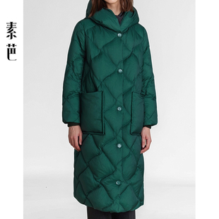 立领连帽一体式 复古时尚 外套SJ0809 羽绒服女冬季 素芭菱形格绗长款