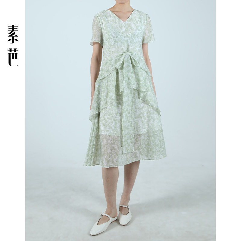 素芭荷叶边系带印花连衣裙女夏季优雅时尚V领碎花短袖长裙SF0622